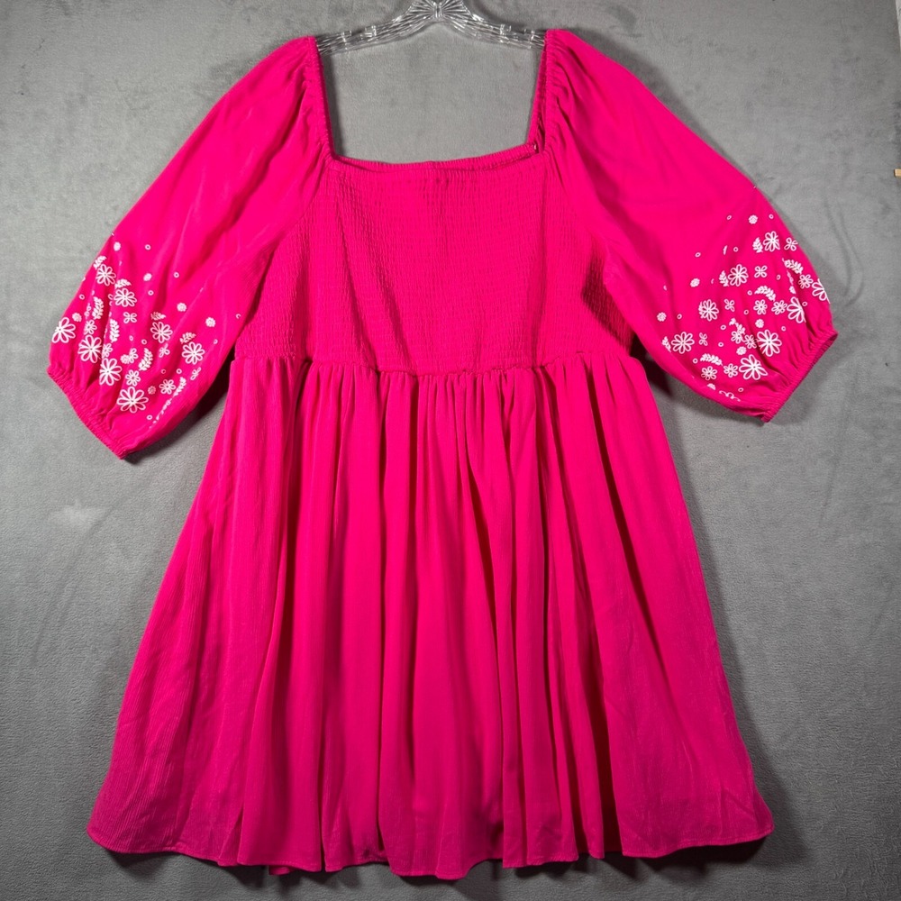 Torrid Dress Womens 4X Pink Crinkle Gauze Smocked Embroidered Boho Cottagecore